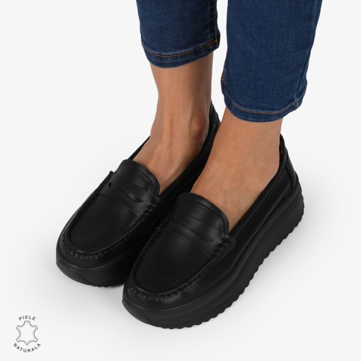 MOCASINI DAMA PIELE NATURALA cu talpa inalta si cusatura laterala LF1276 Negru - Img 3