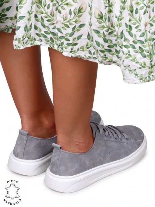 Pantofi casual dama din piele naturală cu accesoriu decorativ LF1821 Gri - Img 3