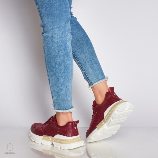 Pantofi Casual dama din Piele naturala cu talpa groasa LF0046 Bordo - Img 4