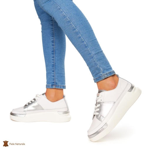 Pantofi Casual dama din Piele naturala cu talpa groasa LF0056 ALB CU ARGINTIU - Img 2