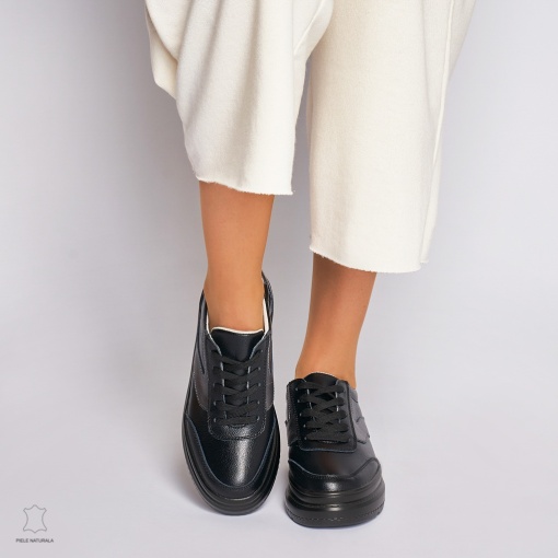 Pantofi Casual dama din Piele naturala cu talpa plata Multicolor LF0041 Negru - Img 2