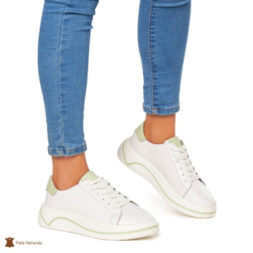 Pantofi Casual dama din Piele Naturala LF0059 ALB CU VERDE - Img 2