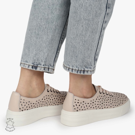 Pantofi Casual dama din Piele naturala PERFORAT USORI CU SIRET LF1341 ROZ - Img 4