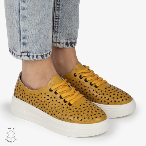 Pantofi Casual dama din Piele naturala PERFORATI USORI CU SIRET LF1341 MUSTAR - Img 3