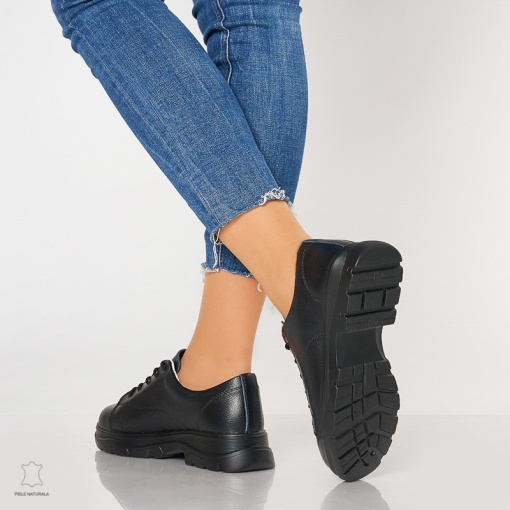 Pantofi casual de dama din piele naturala cu talpa aderenta LF0010 Negru - Img 3