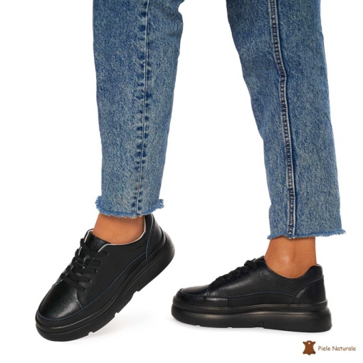 Pantofi Casual de dama din Piele naturala cu talpa groasa LF1319 NEGRU - Img 2