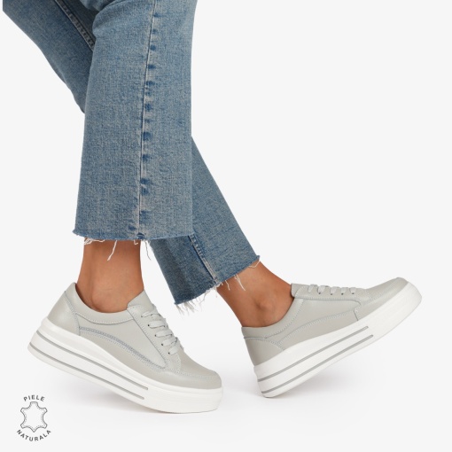 Pantofi Casual de dama din Piele Naturala cu talpa inalta si Dungi LF1203 GRI - Img 2