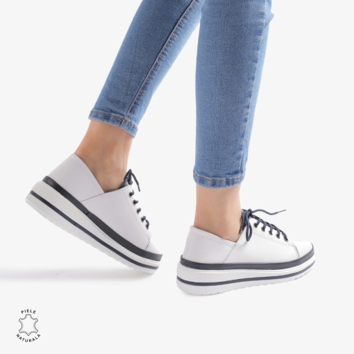 Pantofi casual piele naturala LF877 Alb cu Bleumarin - Img 2