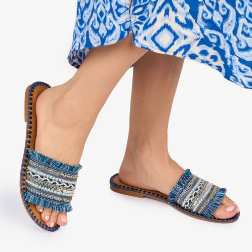 PAPUCI dama Piele ECOLOGICA CU strasuri stil Mexican LF1013 Culoare: ALBASTRU - Img 3