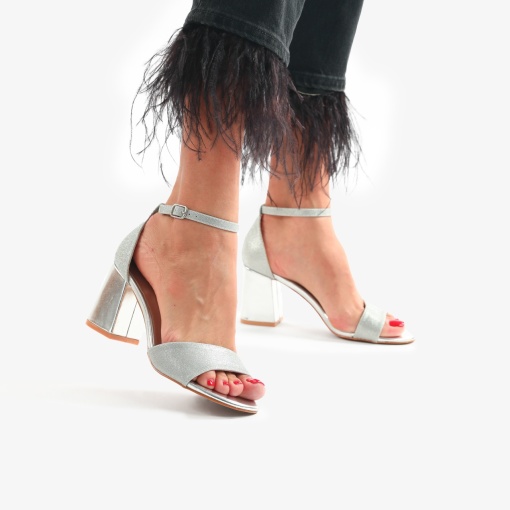 SANDALE ELEGANTE Din Piele Ecologica cu Toc Gros si Sclipici LF0758 ARGINTIU - Img 2