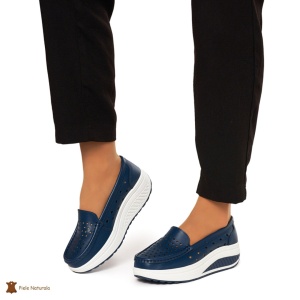 Mocasini Dama Piele Naturala perforati cu talpa groasa LF0079 NAVY