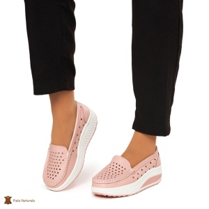 Mocasini Dama Piele Naturala perforati cu talpa groasa LF0079 ROZ