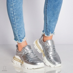 Pantofi Casual dama din Piele naturala cu talpa groasa LF0046 Argintiu