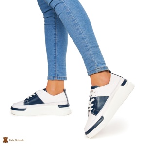 Pantofi Casual dama din Piele naturala cu talpa groasa LF0056 ALB CU NAVY - Img 3