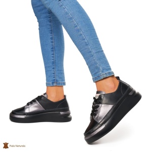 Pantofi Casual dama din Piele naturala cu talpa groasa LF0056 NEGRU CU PEWTER - Img 3