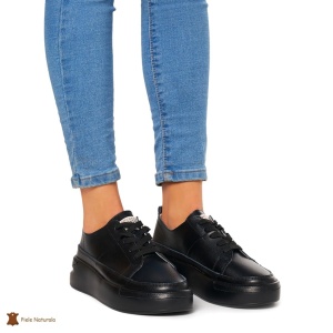 Pantofi Casual dama din Piele naturala cu talpa groasa LF0056 NEGRU