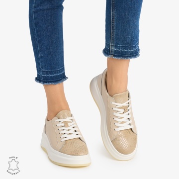 Pantofi Casual DAMA din PIELE Naturala LF0947 CULOARE: BEJ SI AURIU