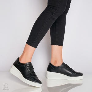 Pantofi casual de dama din piele naturala cu talpa plata LF0034 Negri - Img 3