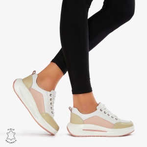 Pantofi Casual de dama din Piele Naturala Multicolor LF0571 ALB CU ROZ