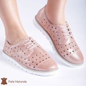Pantofi Casual de dama perforati din Piele Naturala cu talpa joasa LF0166 ROZ