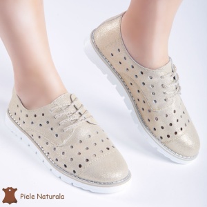 Pantofi Casual de dama perforati din Piele Naturala cu talpa joasa LF0166 AURIU