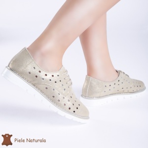 Pantofi Casual de dama perforati din Piele Naturala cu talpa joasa LF0166 AURIU - Img 2