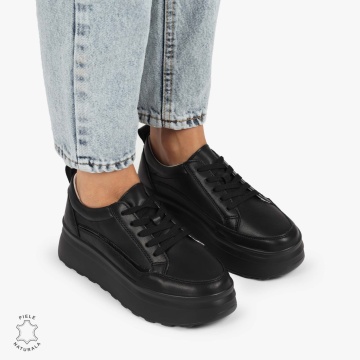 Pantofi CASUAL PIELE NATURALA dunga decorativa cu talpa inalta LF1261 Negru