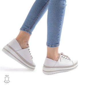 Pantofi casual piele naturala LF877 ALB CU GRI - Img 3