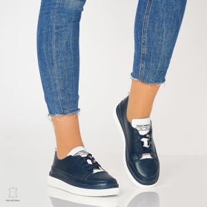 Pantofi casual trendy de dama din piele naturala Multicolor LF0007 Bleumarin - Img 2