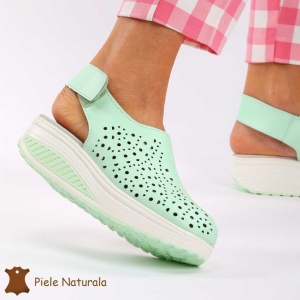 Pantofi Perforati dama din Piele Naturala cu talpa inalta LF0186 VERDE