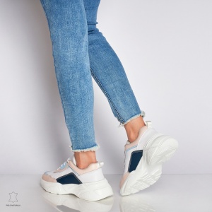 Pantofi Sport dama din Piele naturala cu talpa groasa Multicolor LF0036 Roz cu Bleumarin - Img 4