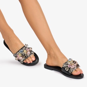 PAPUCI dama din Piele ECOLOGICA cu pietre cristaline colorate LF1081 CULOARE: Negru