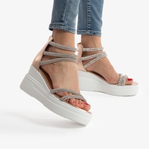 SANDALE DIN PIELE ECOLOGICA CU PLATFORMA SI STRASURI LF0749 champagne