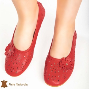 Balerini DAMA perforați CU FLOARE DECORATIVA LATERALA din piele naturala LF0181 CULOARE: ROSU