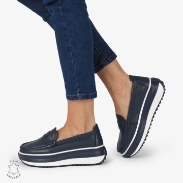 MOCASINI DAMA PIELE NATURALA cu talpa inalta si cusatura laterala LF1276 NAVY