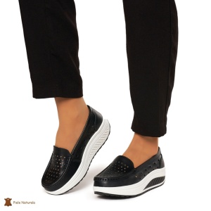Mocasini Dama Piele Naturala perforati cu talpa groasa LF0079 NEGRU - Img 2