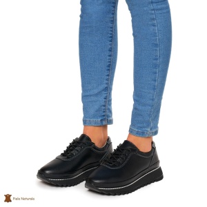 Pantofi Casual dama din Piele naturala cu talpa groasa LF0048 NEGRU