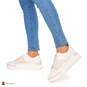 Pantofi Casual dama din Piele naturala cu talpa groasa LF0056 ALB CU ROZ - Img 2