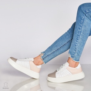 Pantofi Casual dama din Piele naturala cu talpa groasa Multicolor LF0040ALB CU ROZ