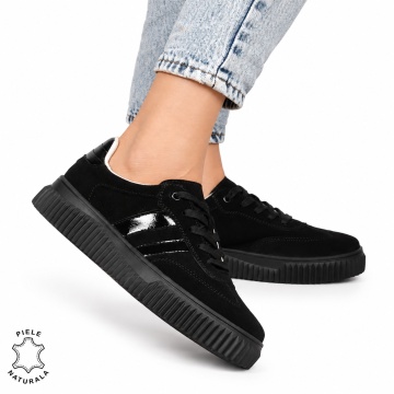Pantofi Casual DAMA din Piele Naturala intoarsa, Model Retro LF1531NEGRU