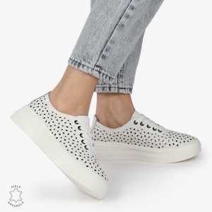 Pantofi Casual dama din Piele naturala PERFORAT USORI CU SIRET LF1341 ALB