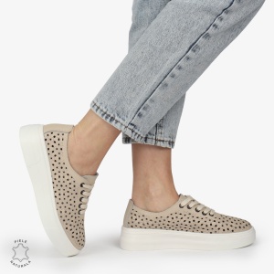 Pantofi Casual dama din Piele naturala PERFORATI USORI CU SIRET LF1341 BEJ - Img 3
