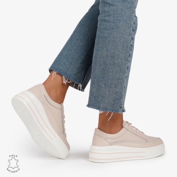 Pantofi Casual de dama din Piele Naturala cu talpa inalta si Dungi LF1203 Roz - Img 3