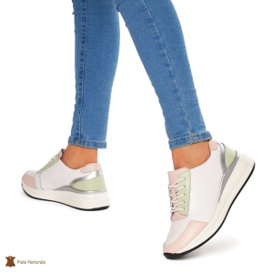 Pantofi casual de dama din piele naturala cu talpa plata LF0019 Alb cu Roz