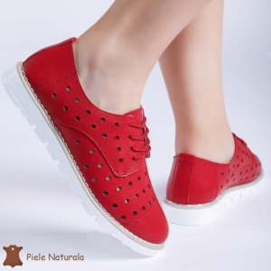 Pantofi Casual de dama perforati din Piele Naturala cu talpa joasa LF0166 ROSU - Img 2