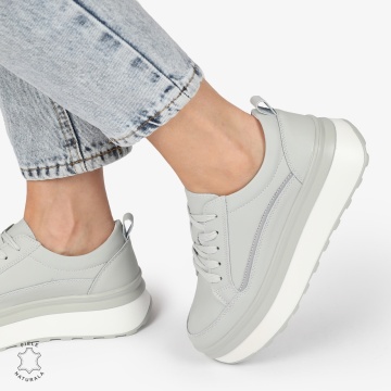 Pantofi CASUAL PIELE NATURALA dunga decorativa cu talpa inalta LF1261 Gri - Img 3