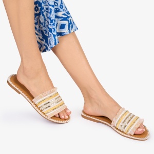 PAPUCI dama Piele ECOLOGICA CU strasuri stil Mexican LF1013 Culoare: Bej - Img 2