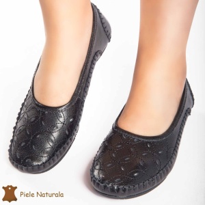 Balerini dama din Piele Naturala cu mici perforatii LF0180 NEGRU