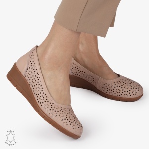Balerini dama din Piele Naturala cu talpa groasa si Perforati LF01381 ROZ - Img 2