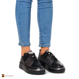 Pantofi Casual dama din Piele naturala cu talpa groasa LF0056 NEGRU CU PEWTER